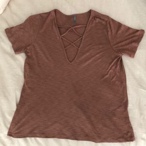 Tan/mauve deep-v crisscross shirt